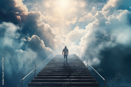 A man is walking up a flight of stairs. Suitable for illustrating progress, ambition, or personal growth photo