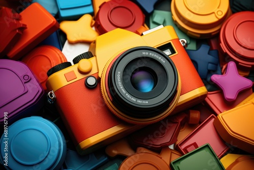 A camera sitting on top of a pile of colorful objects. Perfect for photography enthusiasts or creative projects