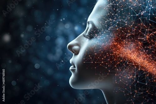 A woman's face with a network of dots forming the shape of her head. Can be used to represent technology, connectivity, or digital identity