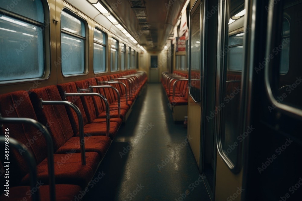 A picture of a train car with red seats and windows. Suitable for transportation-themed designs and travel-related content