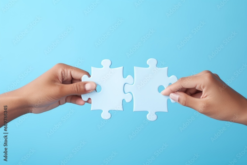 Two hands holding two pieces of a puzzle. Suitable for illustrating teamwork, problem-solving, collaboration, or completing a puzzle metaphorically Two hands holding two pieces of a puzzle. Suitable for illustrating teamwork, problem-solving, collaboration, or completing a puzzle metaphorically