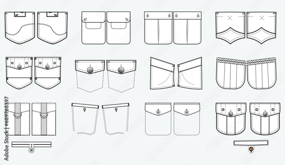 Jeans and denim Patch pocket flat sketch vector illustration set, different types of Clothing Pockets for jeans pocket, sleeve arm, cargo pants, dresses, bag, garments, Clothing and Accessories - obrazy, fototapety, plakaty 