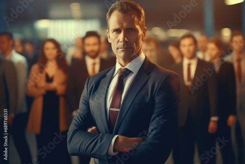 A man dressed in a suit confidently stands in front of a group of people. This image can be used to depict leadership, teamwork, or business presentations