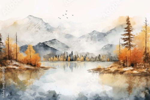 A beautiful watercolor painting of a serene mountain lake. Perfect for adding a touch of nature and tranquility to any space
