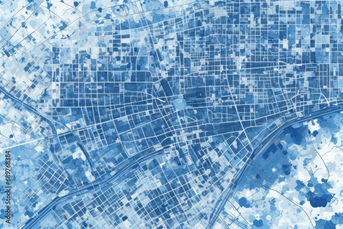 A blue map of a city with numerous buildings. Can be used for urban planning, real estate, or travel-related projects