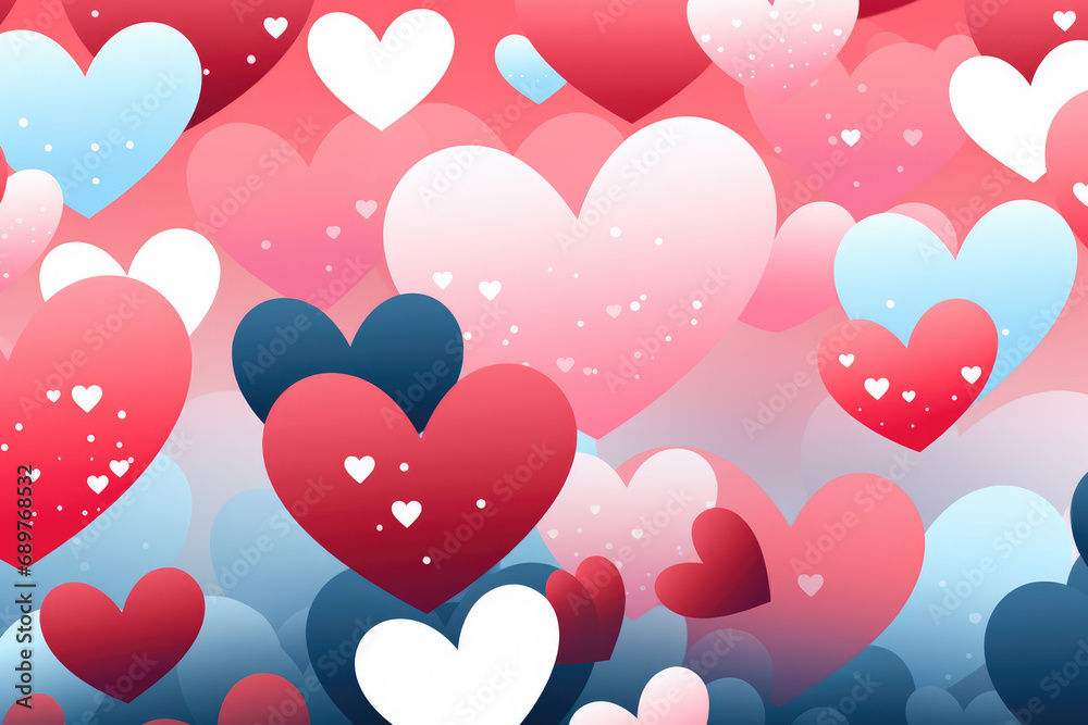 Blue, red, white hearts pattern background. Valentine's Day card.