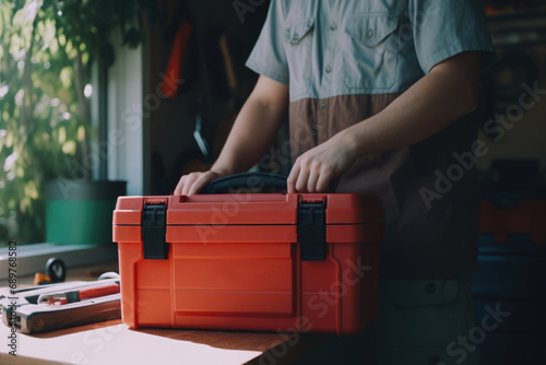 A man is seen holding a red cooler on top of a table. This versatile image can be used to represent outdoor gatherings, picnics, camping trips, and summer activities photo