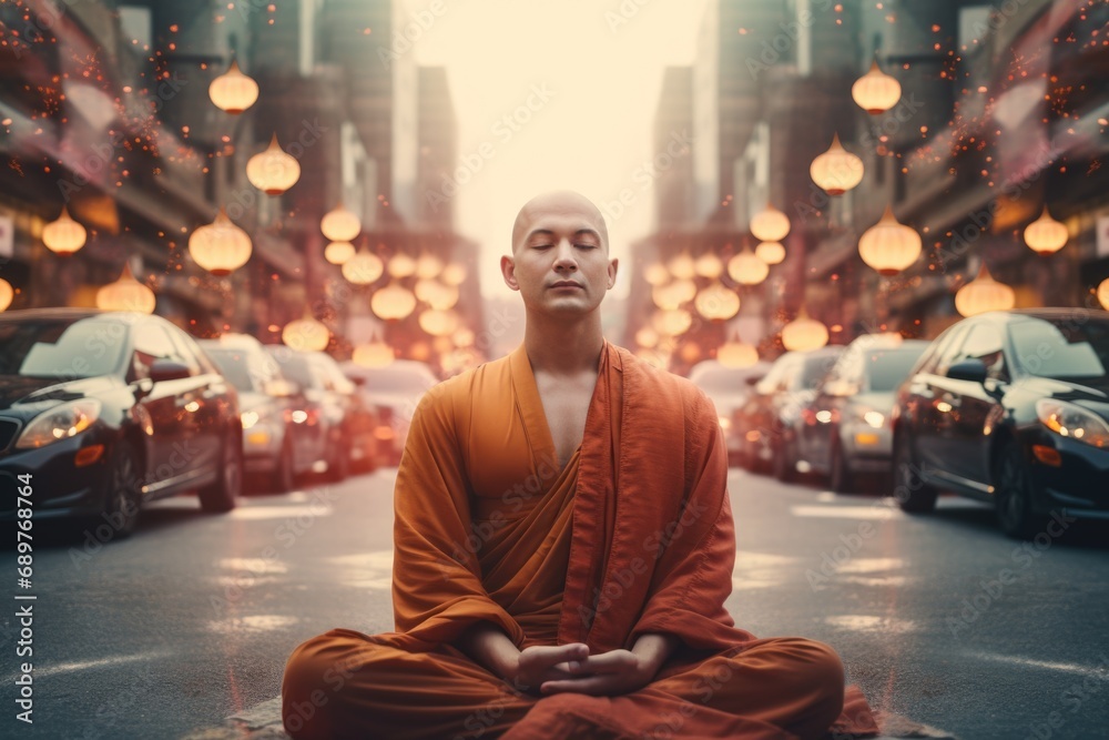 A man sitting in the middle of a street. This image can be used to depict urban life or homelessness A man sitting in the middle of a street. This image can be used to depict urban life or homelessness