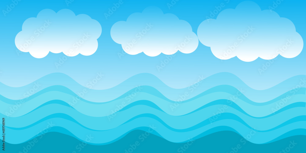Blue sea wave flowing with white soft clouds cartoon, sky background landscape vector illustration. Blue sea wave flowing with white soft clouds cartoon, sky background landscape vector illustration.