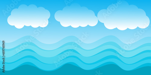 Blue sea wave flowing with white soft clouds cartoon, sky background landscape vector illustration.