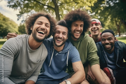 A group of men sitting together in a park. This image can be used to depict friendship, socializing, or leisure activities in a park setting © Fotograf