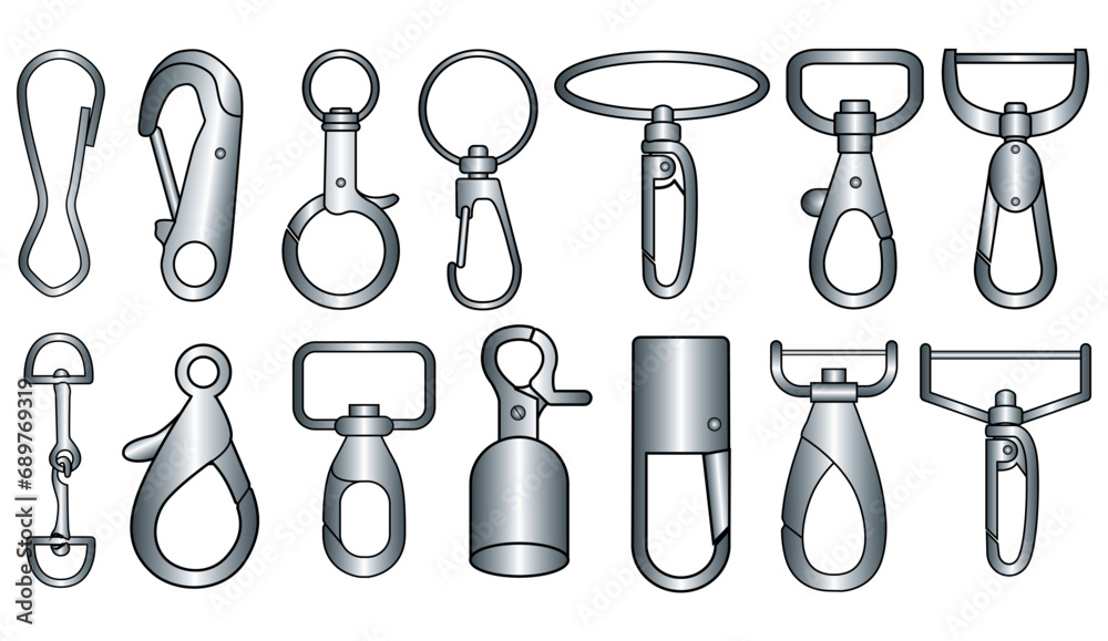 Claw clasps and carabiners flat sketch vector illustration set