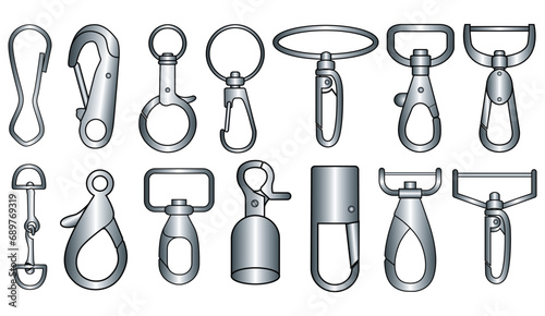 Claw clasps and carabiners flat sketch vector illustration set, different types of clasps, buckles and carabiners for jewellery, climbing equipment, garments dress fasteners, Clothing and Accessories photo