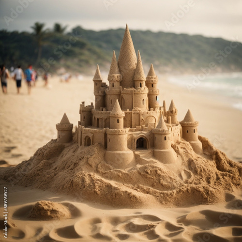 Sandcastle on the beach  an intricately sculpted structure made of sand  a majestic castle crafted from beach sand