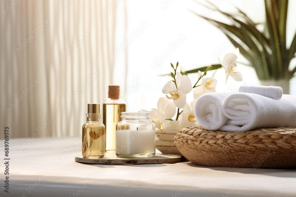 Beautiful spa setting with towels, candle, orchid on white background. Place for text.