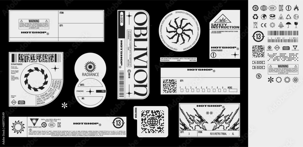 Collection of fake made up labels with set of symbols