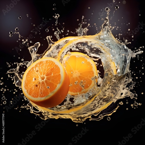 Close-up of orange fruit against black background. Fresh parts orange, slices falling into the water with a splash of water and air bubbles, isolated on a black background.