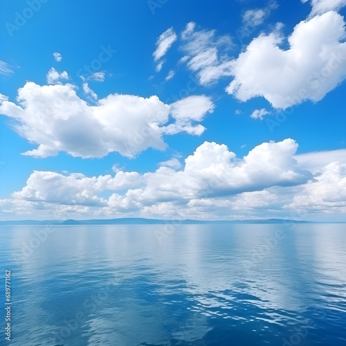 cloudscape. clouds in blue sky and reflection in a large lake. White cumulus clouds in sky over blue sea water landscape  big cloud above ocean panorama  horizon  sunny summer day seascape panoramic