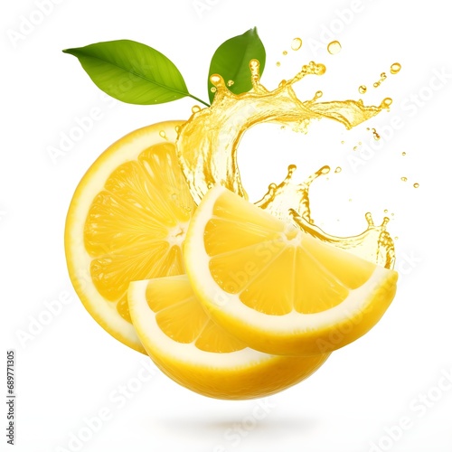 creative image with fresh lemons falling in the air, zero gravity food conception. Set of falling delicious lemons on white background. Fresh falling lemon and ginger isolated on white photo