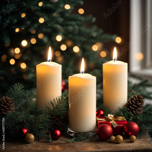 Christmas still life with candle and decorations  festive holiday scene featuring a candle and festive decor