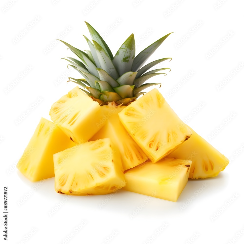 Fresh cut pineapple isolated. Whole pineapple with slice, piece and