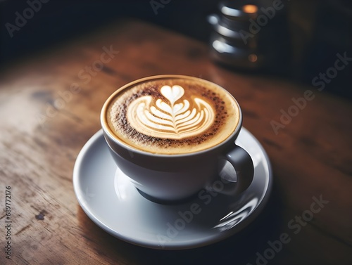 High angle view of a cup of hot cappuccino coffee on the wooden table. Cup of coffee with beautiful Latte art.