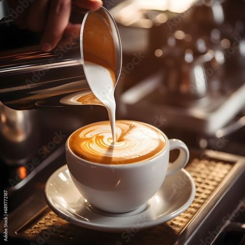 Barista Is Pouring Latte Art. milk to making latte art coffee at cafe or coffee shop, barista making latte art, shot focus in cup of milk and coffee. photo