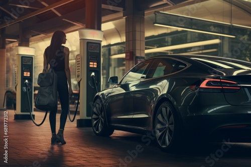 Woman charging electric car in station © OLKS_AI