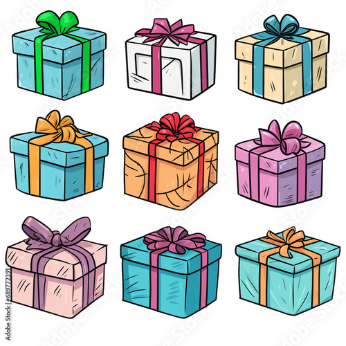 set of colorful gift boxes isolated on transparent background, clip art set ready for use