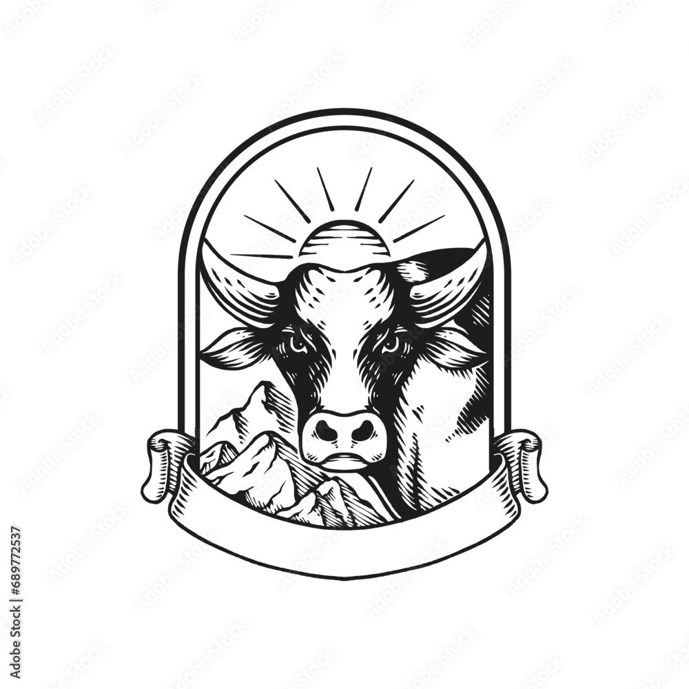 cow logo template engraving illustration hand drawn