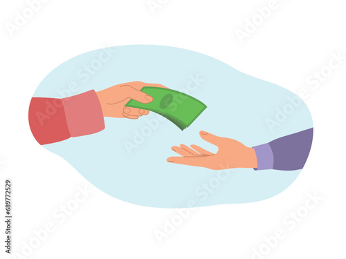 Transferring banknotes from hand to hand. Payment in cash. Vector illustration isolated on white background
