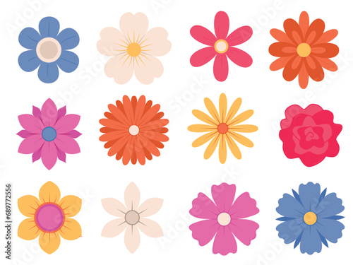 Abstract flowers, top view. Spring flora. Flat vector illustration on white background