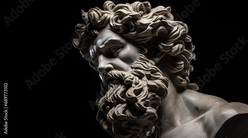 Sculpture en marbre d un homme ou d un dieu grec sur un fond noir. Statue greco romaine. Art  antiquit    mythologie. Pour conception et cr  ation graphique.