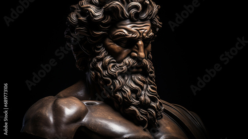 Sculpture en bronze d'un homme ou d'un dieu grec sur un fond noir. Statue greco romaine. Art, antiquité, mythologie. Pour conception et création graphique.