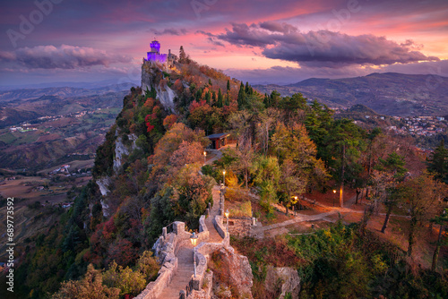 San Marino, Republic of San Marino, Italy. Aerial landscape image of San Marino, Italy at beautiful autumn sunset. © rudi1976