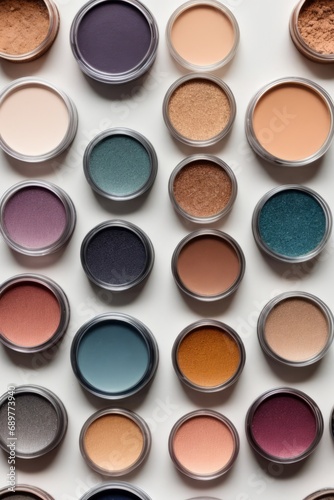 Top view of a lot of colorful eye shadow on a white background. Cosmetics and beauty concepts.