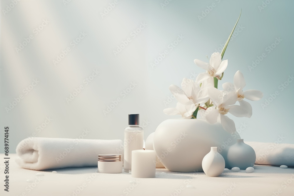 Spa accessory composition set in day spa hotel , beauty wellness center . Spa product are placed in luxury spa resort room , ready for massage therapy from professional service. Copy space. - obrazy, fototapety, plakaty 