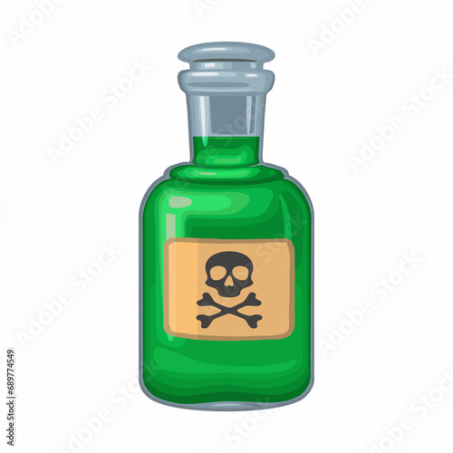 Vintage bottle with toxic. Skull and crossbones on craft label. Vector color icon. Isolated on white background. Hand drawn design element for label, poster, web