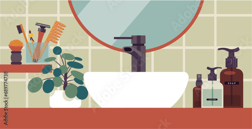 Zero waste and no plastic bathroom. Vector illustration separated items. recycled packaging, bamboo toothbrush, wood, cotton, shaver blade photo