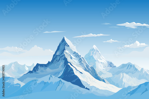 Landscape of large snow-capped mountains. Beautiful peaks of huge mountain ranges and stunning clouds. Concept of mountaineering, climbing and hiking.