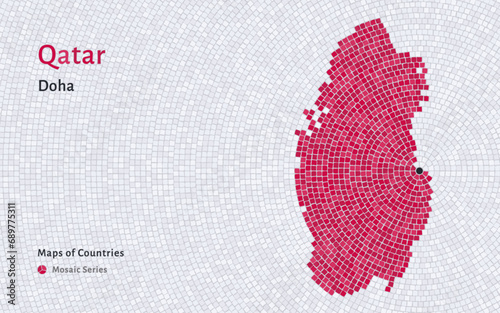 Qatar Map with a capital of Doha Shown in a Mosaic Pattern	