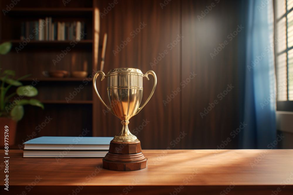 A golden trophy standing on a desk A golden trophy standing on a desk