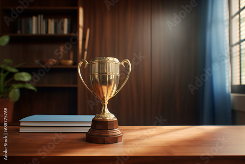 A golden trophy standing on a desk