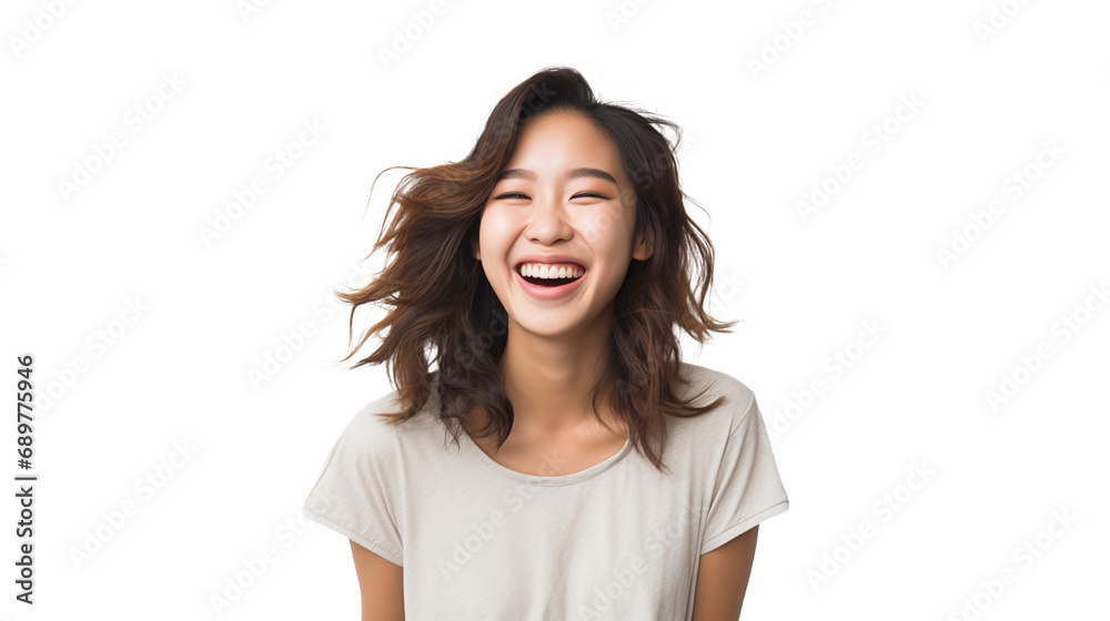 Young japanese woman with a cute smile on her face looking away from the camera
