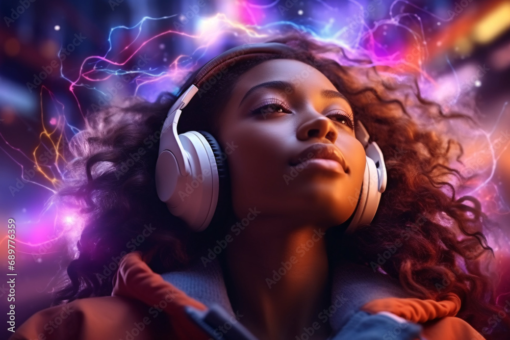 A woman enjoying listening to music with headphones on, neon lights, energetic atmosphere