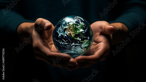Pair of unrecognizable hands holding the world on a black backgrounf