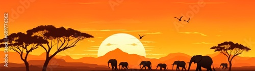 elephants walking in the African desert at sunset. Horizontal banner for worldwide wildlife day © XC Stock