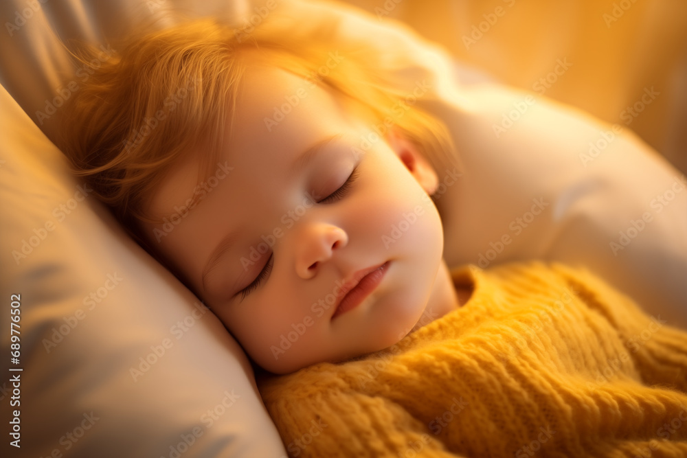 Close-up of a sleeping child’s face. Macro of a kid's lips. Baby cheeks, fingers, nose. Orange and yellow blurred background, sunny range. Yellow cozy sweater. In the style of Peach fuzz. Close-up of a sleeping child’s face. Macro of a kid's lips. Baby cheeks, fingers, nose. Orange and yellow blurred background, sunny range. Yellow cozy sweater. In the style of Peach fuzz.