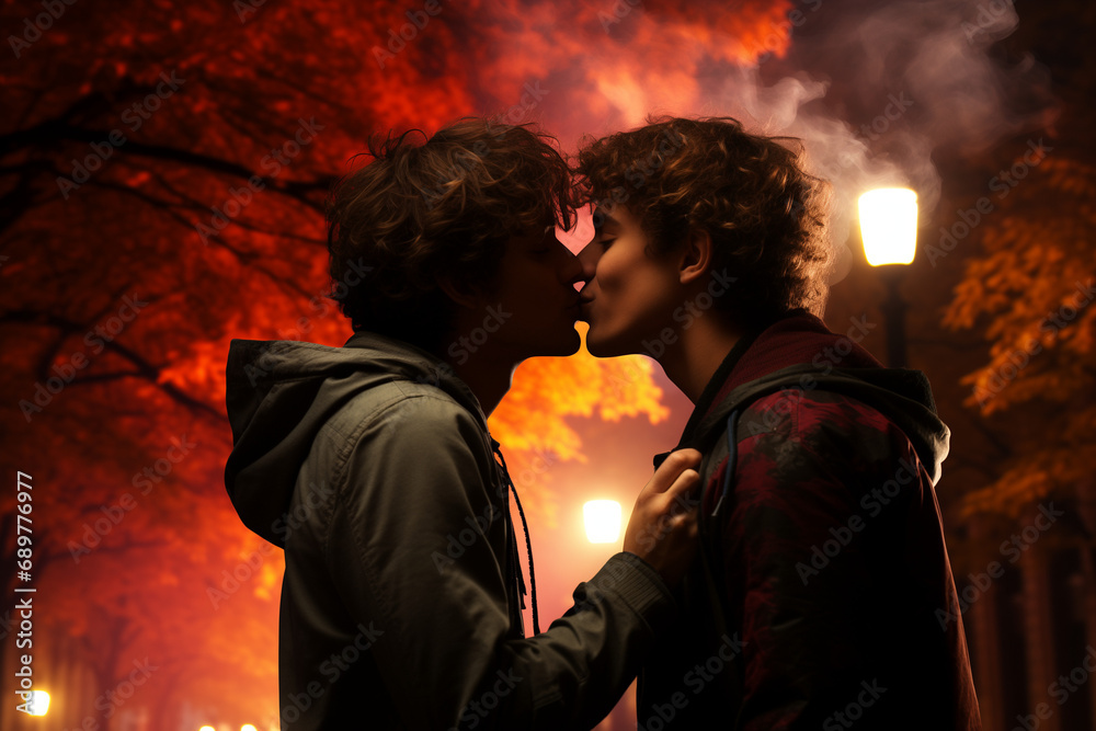 Gay Couple in Love on a Romantic Date through the Streets of a City at Night, Capturing the Essence of LGBTQ+ Romance with Tender Kisses and Embraces