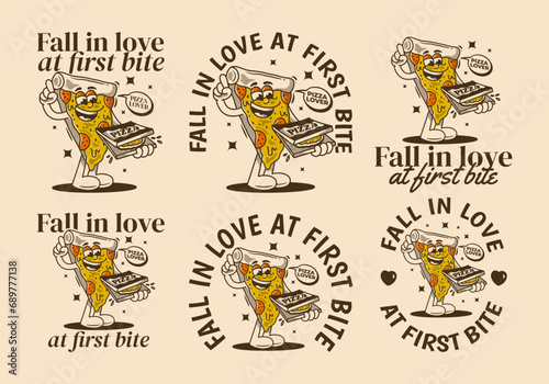 Fall in love at first bite. Character of pizza holding a box pizza
